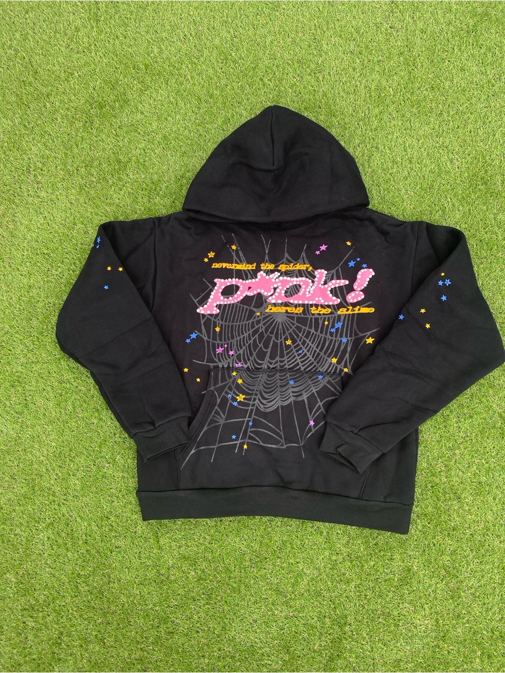 Black Graphic Hoodie with Pink Logo and Star Details